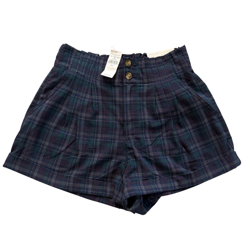 American Eagle Plaid Navy High Rise Shorts Women’s Size 6 NWT - Picture 2 of 11